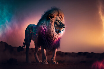 Obraz na płótnie Canvas mighty lion standing on the savanna, with color gradient background, generative ai
