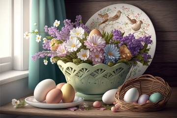 Easter eggs basket, generative ai