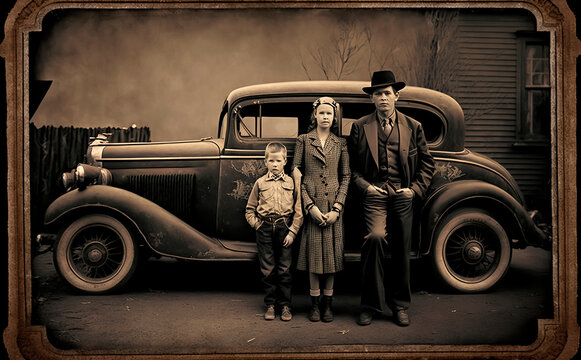Group family portrait in front of an old car vintage style photograph Generative AI