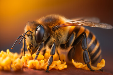 Bee on yellow flower, macro, closeup, Generative AI