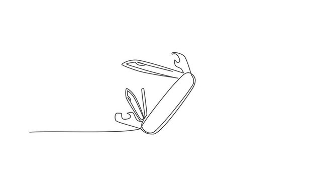 Animated self drawing of single continuous line draw multi purpose pocket knife for outdoor camping equipment. Multi function tool hover concept. Full length one line animation illustration.