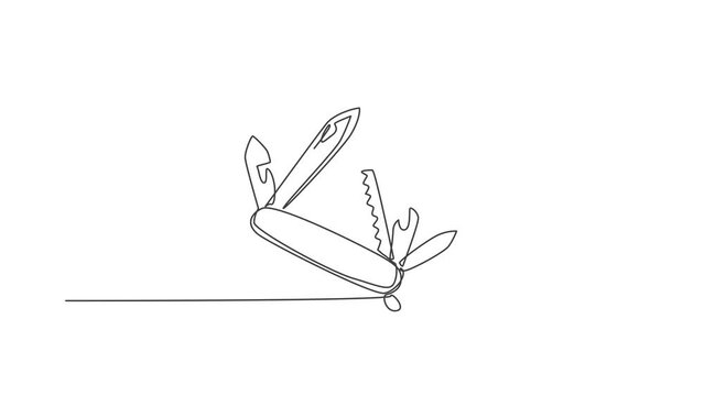 Animation of one line drawing of multi purpose pocket knife with blade, scissor, hover, opener. Camping outdoor multi function tools concept. Continuous line self draw animated. Full length motion.
