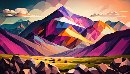 Colorful polygonal landscape with mountains, frees and field, Generative AI