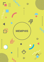 Memphis design elements on colorful background. Retro funky graphic, 90s trends designs and vintage geometric print illustration element. Memphis vector cover.	
