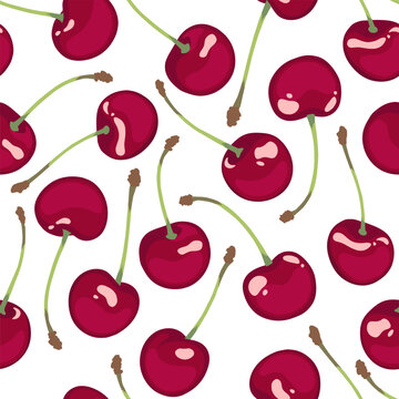 Pattern With Cherries On A White Background. Ripe Red Cherry. Summer Fruit Background. The Design Is Great For Wallpaper, Fabric, Labels, Packaging.