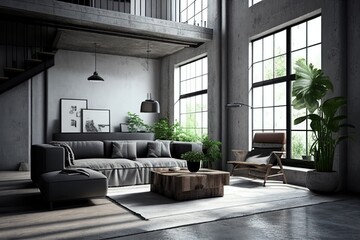 modern interior living room design, concrete architecture, industrial loft style, (Generative AI)