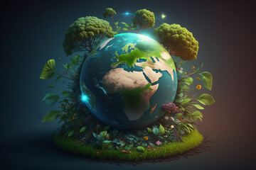 Obraz na płótnie Canvas Green floral planet Earth, Earth Day concept background, Generative AI