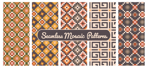 Set of seamless vector ancient mosaic patterns retro minecraft block style