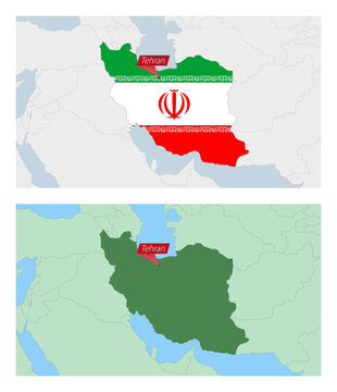 Iran Map With Pin Of Country Capital. Two Types Of Iran Map With Neighboring Countries.