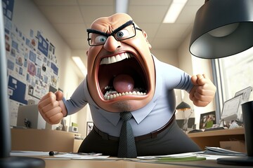 an illustration of an angry screaming male boss in an office as a cartoon character - obrazy, fototapety, plakaty