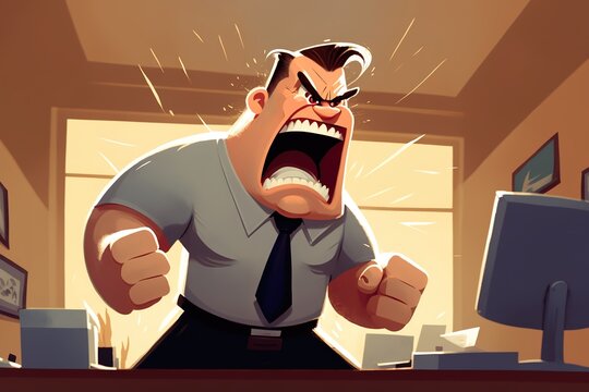 an illustration of an angry screaming male boss in an office as a cartoon character