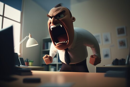 an illustration of an angry screaming male boss in an office as a cartoon character