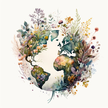 Watercolor floral planet Earth, Earth Day, Generative AI