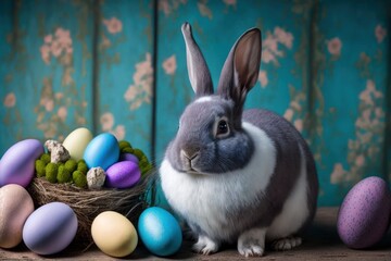 Fototapeta na wymiar Cute easter bunny with easter eggs. Generative AI.
