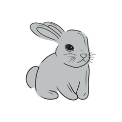Cute beautiful grey rabbit sitting with black line isolated on white background. Hand drawn vector doodle simple flat cartoon illustration. Happy easter, 2023, symbol, spring, animal, childish.