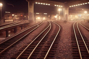 Fototapeta na wymiar many train tracks in the evening. Generative AI