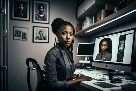 Black business woman in an office, working on a computer, generative AI