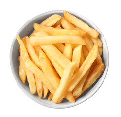 Bowl with tasty French fries on white background, top view