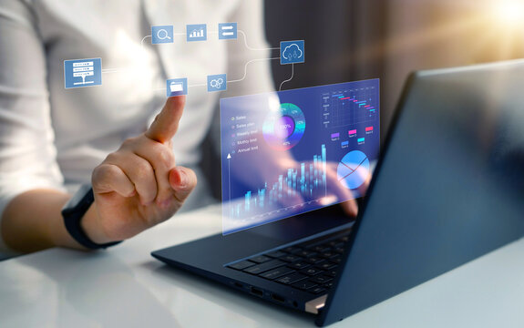 Report with KPI and metrics connected to database. Data management and business analytics system.Performance (KPI) indicators and digital marketing analysis.	