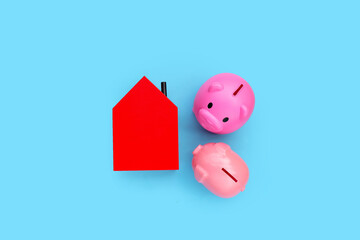 Mini home and piggy banks on blue background.