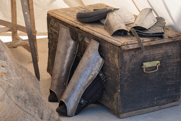 Medieval festival show, historical performance. Weapons, armor, utensils and objects of medieval life.