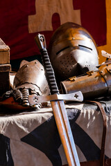 Medieval festival show, historical performance. Weapons, armor, utensils and objects of medieval...