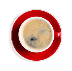 Red ceramic cup with hot aromatic coffee isolated on white, top view