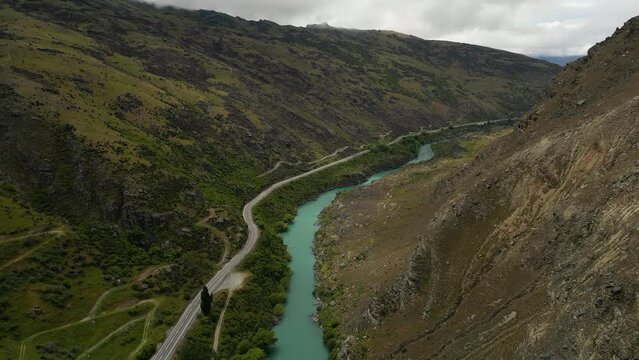 Aerial view of the river that flows from Cromwell to Roxburgh, New Zealand. Where cycling tour takes part.