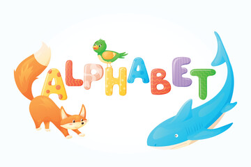 Vector cartoon childrens english Alphabet banner with text, shark, fox and bird illustrations.