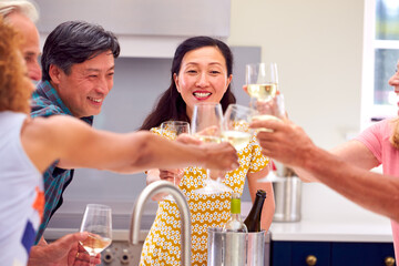 Group Of Multi-Cultural Senior Friends On Summer Vacation Meeting For Drinks In Holiday Apartment