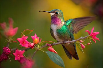 Generative AI image of shiny hummingbird on tree