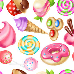 Various sweets - donuts, ice cream, lollipops and cupcakes - seamless pattern