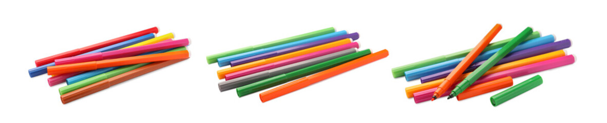 Set of many bright colorful markers on white background