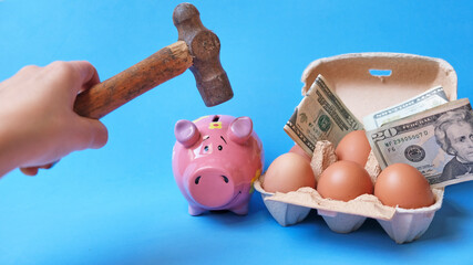 Persona con un martillo rompiendo la hucha para sacar dinero. Subida del precio de los huevos por...