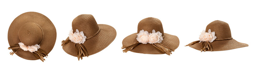 Beach hat top view isolated set. Pretty straw hats with ribbon and bow on white background.