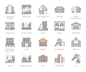 Real estate flat line icons set. House sale, commercial building, country home area, skyscraper, mall, kindergarten vector illustrations. Infrastructure signs. Orange color. Editable Stroke - 571882919
