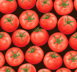 Tomatoes on a black background. Red ripe tomatoes with a green stem. Seamless pattern. Great for menus, labels, packaging.