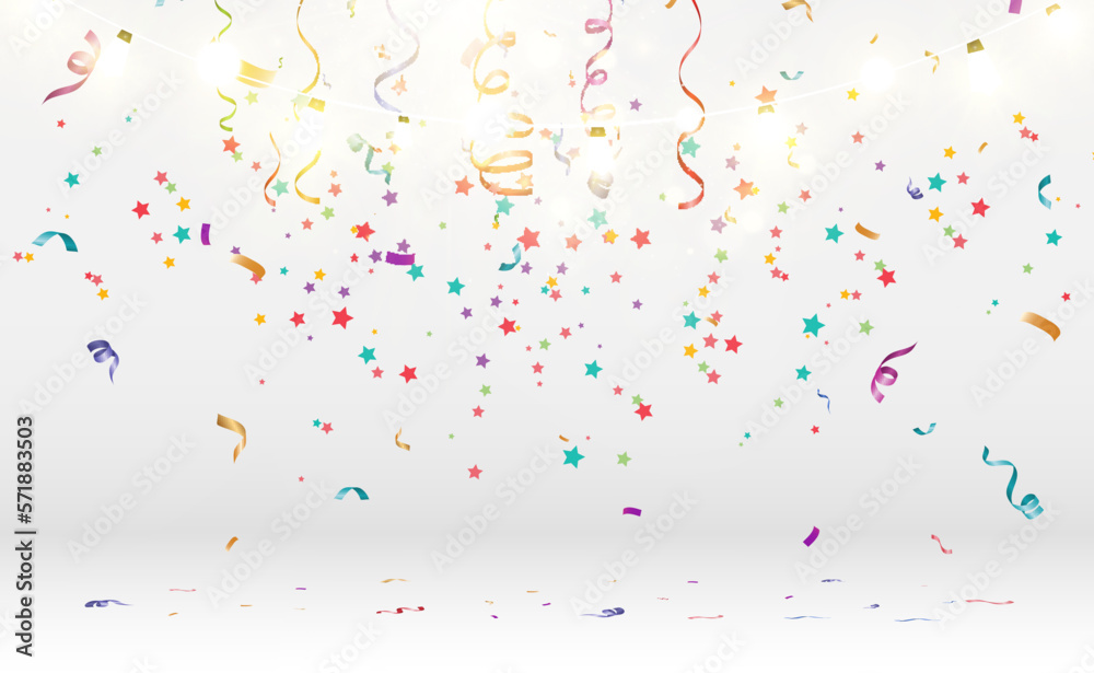 Poster Lots of colorful tiny confetti and ribbons on transparent background. Festive event and party. Multicolor background.Colorful bright confetti isolated on transparent background.
