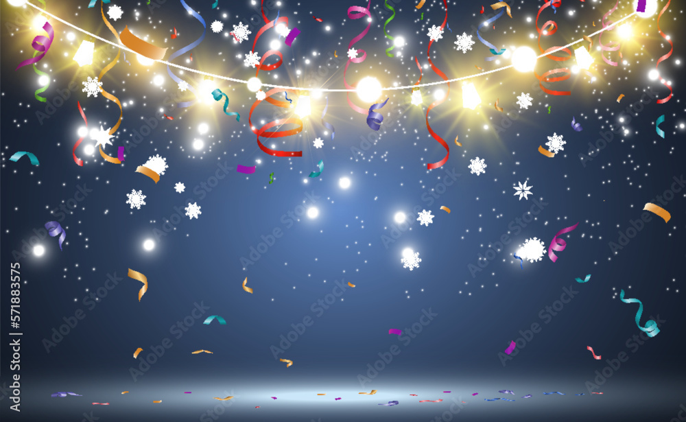 Poster Lots of colorful tiny confetti and ribbons on transparent background. Festive event and party. Multicolor background.Colorful bright confetti isolated on transparent background.