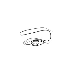 Eye with eyebrow, continuous line drawing, small tattoo, print for clothes and logo design, emblem or logo design, logo for the studio eyelash, isolated vector illustration.
