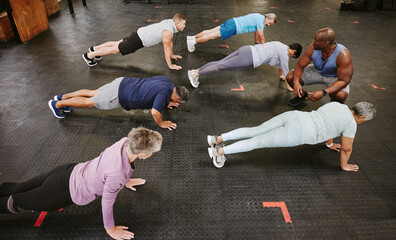 People, fitness and stretching in class with personal trainer at gym for workout, exercise or training. Diverse group in warm up plank session with coach for healthy exercising or strong core muscles