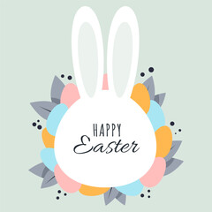 The muzzle of a white rabbit with the inscription Happy Easter and colorful eggs