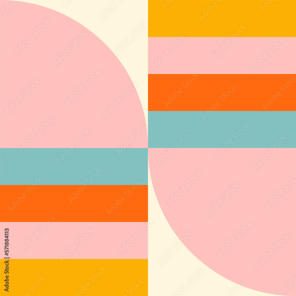 Poster Simple geometric seamless pattern. Modern abstract background with circle, semi circle, square, rectangle stripe shapes in pastel colors.