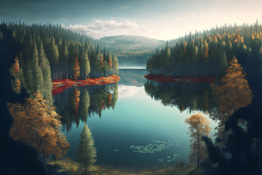 beautiful lake, with views of trees and mountainsc, generative ai