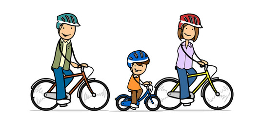 Fototapeta premium Family with a child riding a bike with a helmet