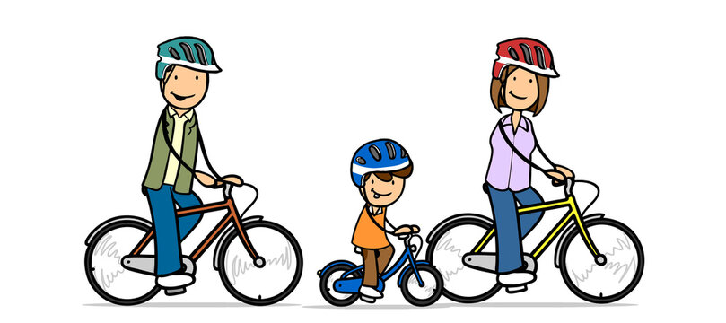 Family with a child riding a bike with a helmet