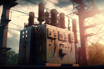 Substation for electricity distribution. Photo generative AI. - obrazy, fototapety, plakaty