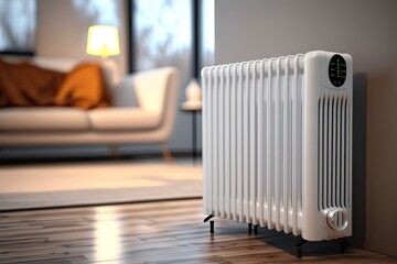 Close-up of electric radiator heater. Photo generative AI. - obrazy, fototapety, plakaty