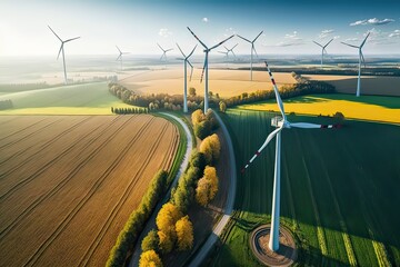 Wind turbines in agricultural field. Photo generative AI. - obrazy, fototapety, plakaty