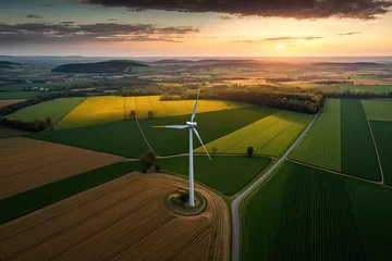 Crédence de cuisine en verre imprimé Chocolat brun Wind turbine in green landscape at sunset. Photo generative AI.